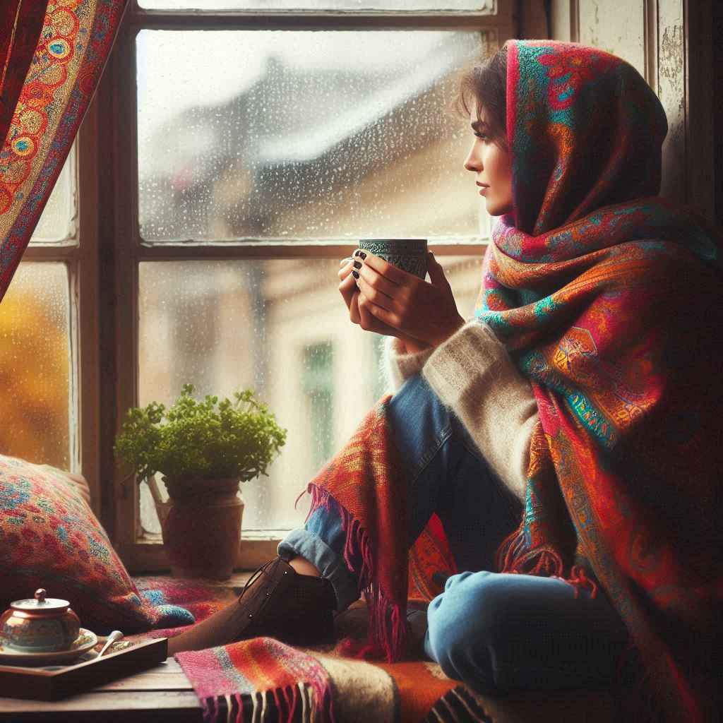 Mujer española usando una pashmina tomando te observando por una ventana en invierno